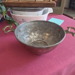 Antique Primitive 18th/19th Century Tinned Copper‎ Bowl Solid Brass Handles